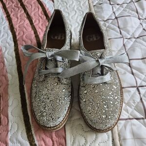 Gianni Bini Silver Crystal Embellished Lace-Up Flats